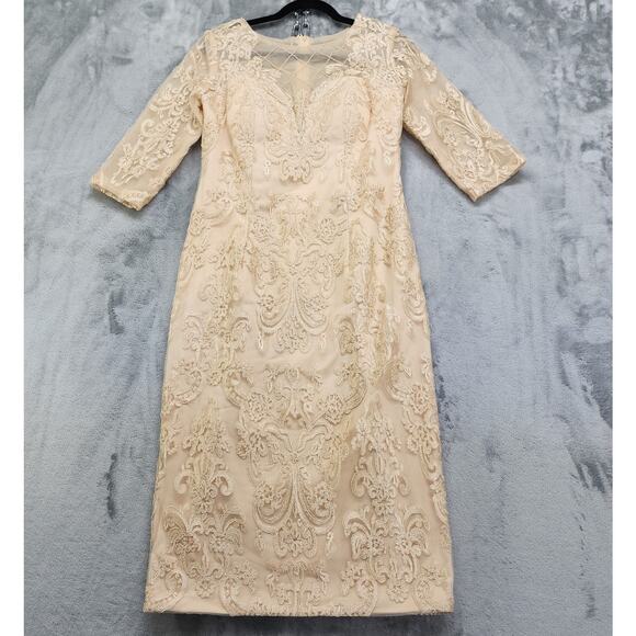 Formal Dress Jacket Set Size 10 Champagne Gold Beaded Lace Chiffon Sheath Party - Picture 4 of 14